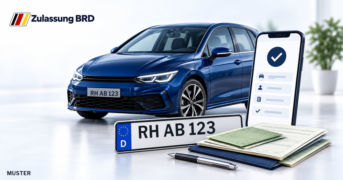 Online Fahrzeugzulassung in Roth: Musterkennzeichen RH AB 123, Auto und Fahrzeugpapiere und Smartphone. Illustration mit Logo von Zulassung BRD.